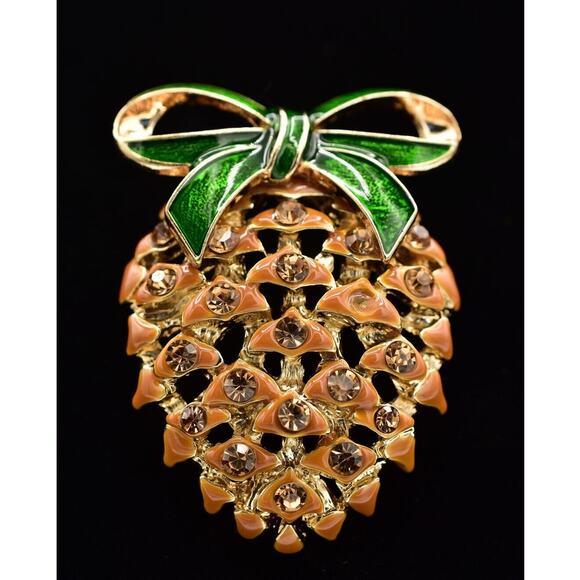 Napier Vintage Pine Cone Pin Brooch Crystal Enamel Gold Christmas Signed Bin4 - Picture 1 of 12